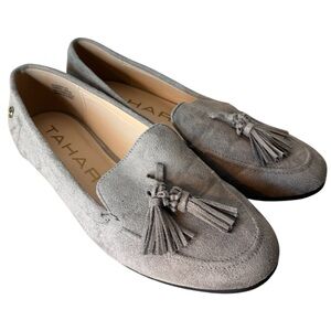 TAHARI GIRL Grey Alessia Microsuede Loafers Flats Tassel Slip On Size 8.5